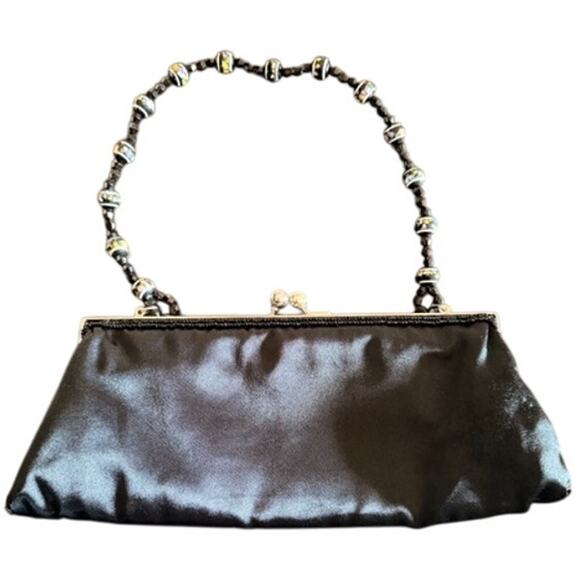 Chateau Black Satin Beaded Handle Clutch Purse Floral Embroidered Evening Bag - Picture 3 of 5